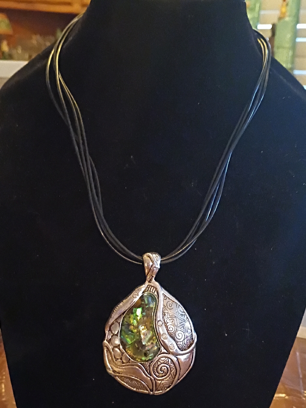 Silver-Tone Green Abalone Teardrop Pendant Necklace